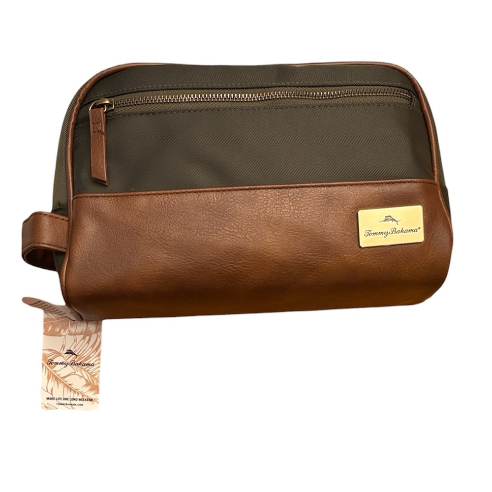 Tommy Bahama Toiletry Bag in Forest Green with a  Brown Leather Base